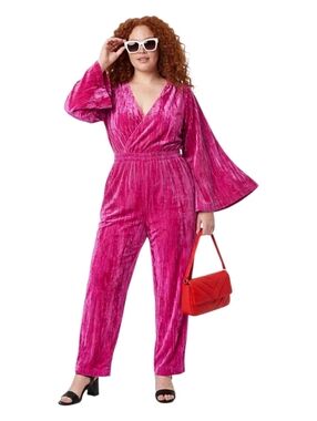 A New Day Women's Bell Sleeve Velour Jumpsuit NWT Hot Pink M Lush Party Suit